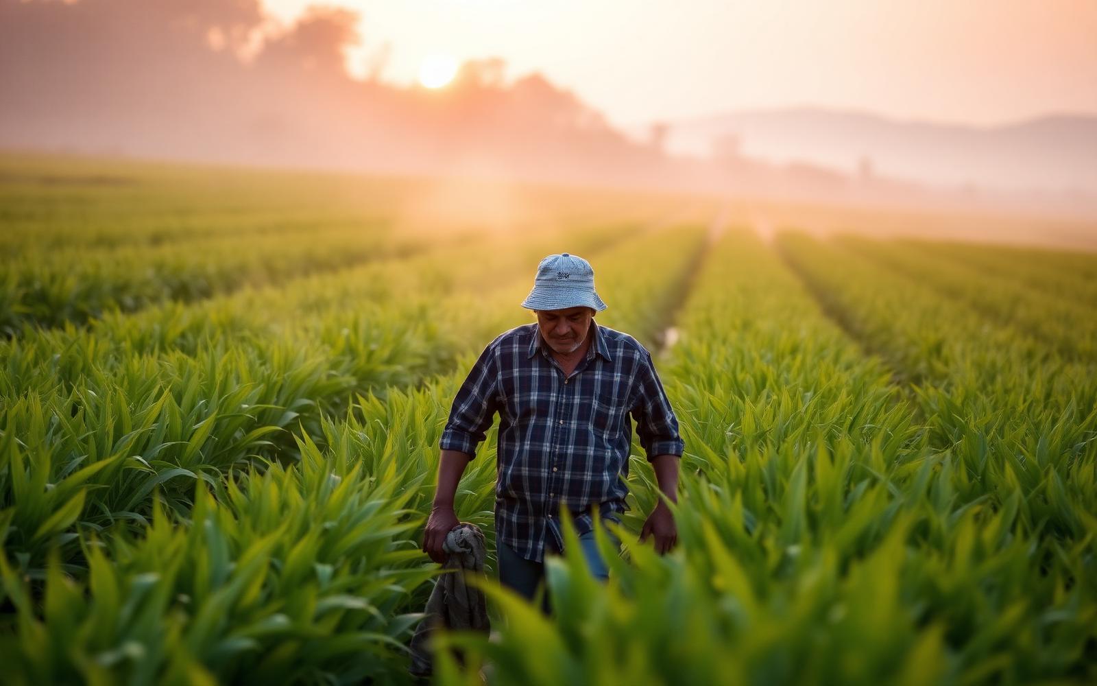 Farmer walking through a green field at sunrise