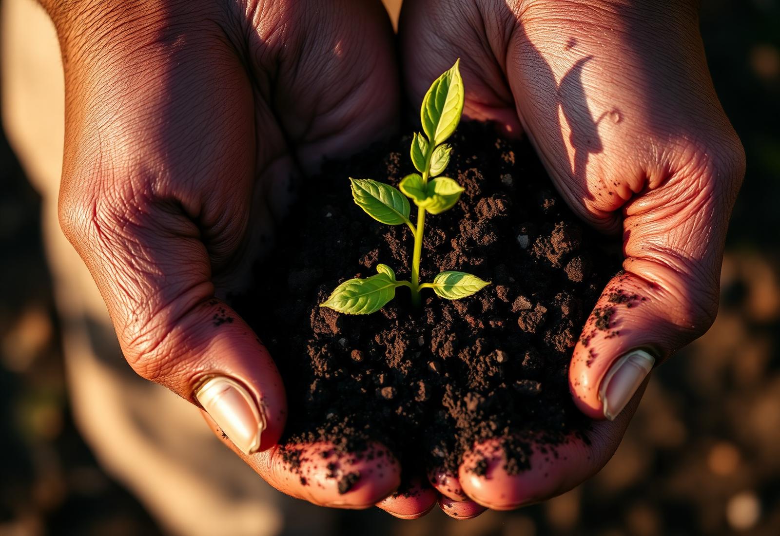 Hands cradling rich dark soil with a young seedling